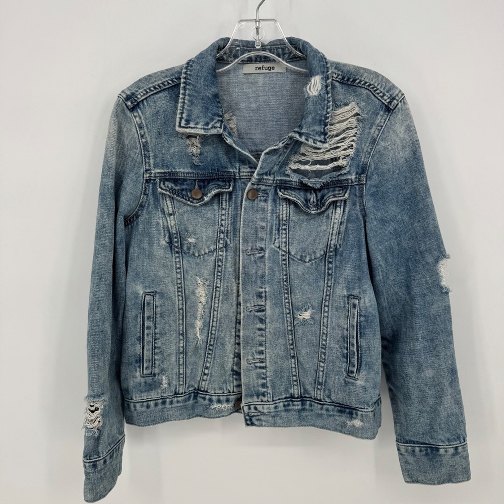Refuge Distressed Denim Jacket Blue Acid Wash‎ Ripped Medium Trucker Style Women